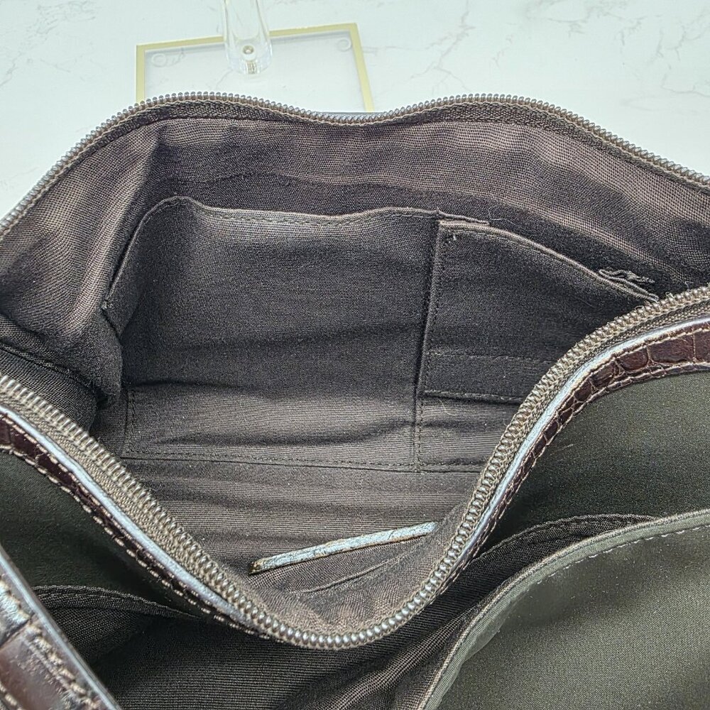 Brighton Shoulder Bag Brown Crocodile Nylon Embossed Leather Trim Purse Zip - Picture 7 of 12